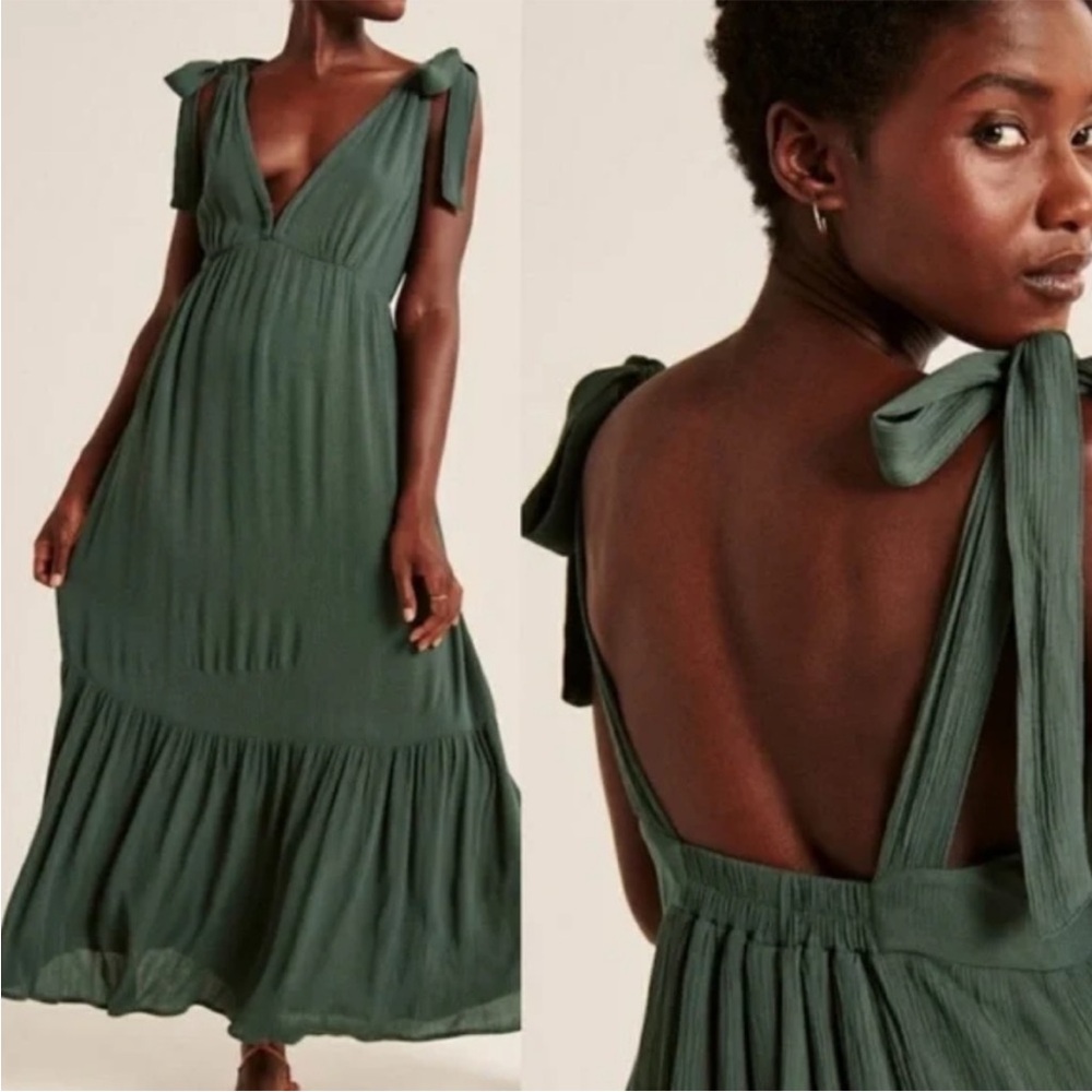Tie-Shoulder V-Neck Maxi Dress - Dark Green